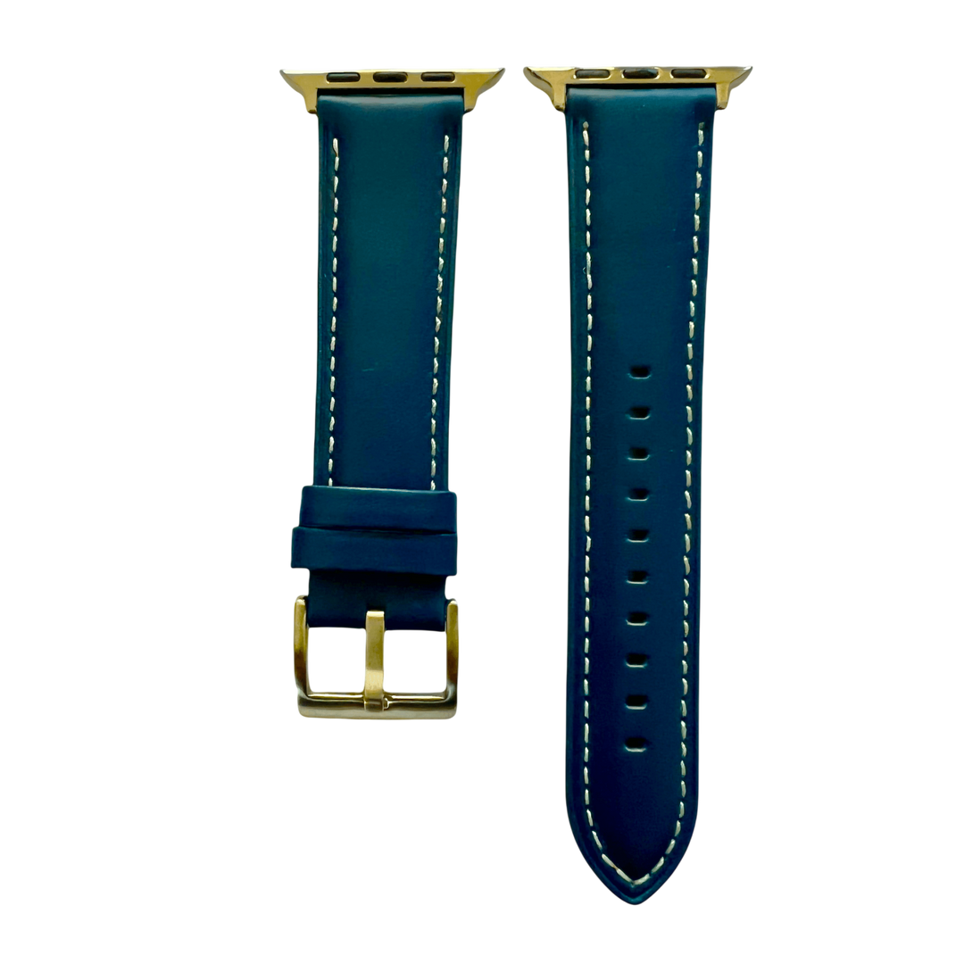Blue padded leather Apple Watch band, two-piece strap with buckle and holes