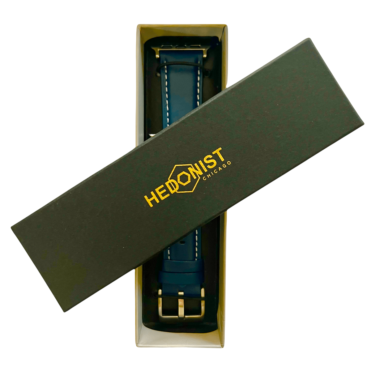 Blue padded leather Apple Watch band, presented in gift box