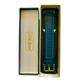Blue padded leather Apple Watch band, packaging close-up