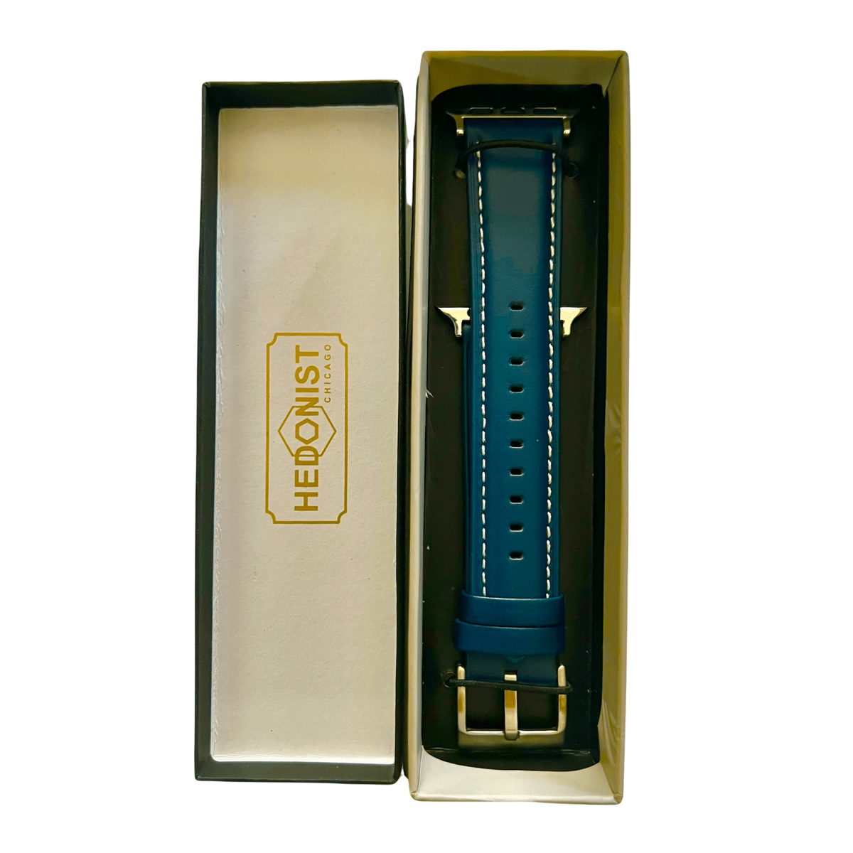 Blue padded leather Apple Watch band, packaging close-up