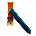 Blue padded leather Apple Watch band, side view with stainless steel lugs