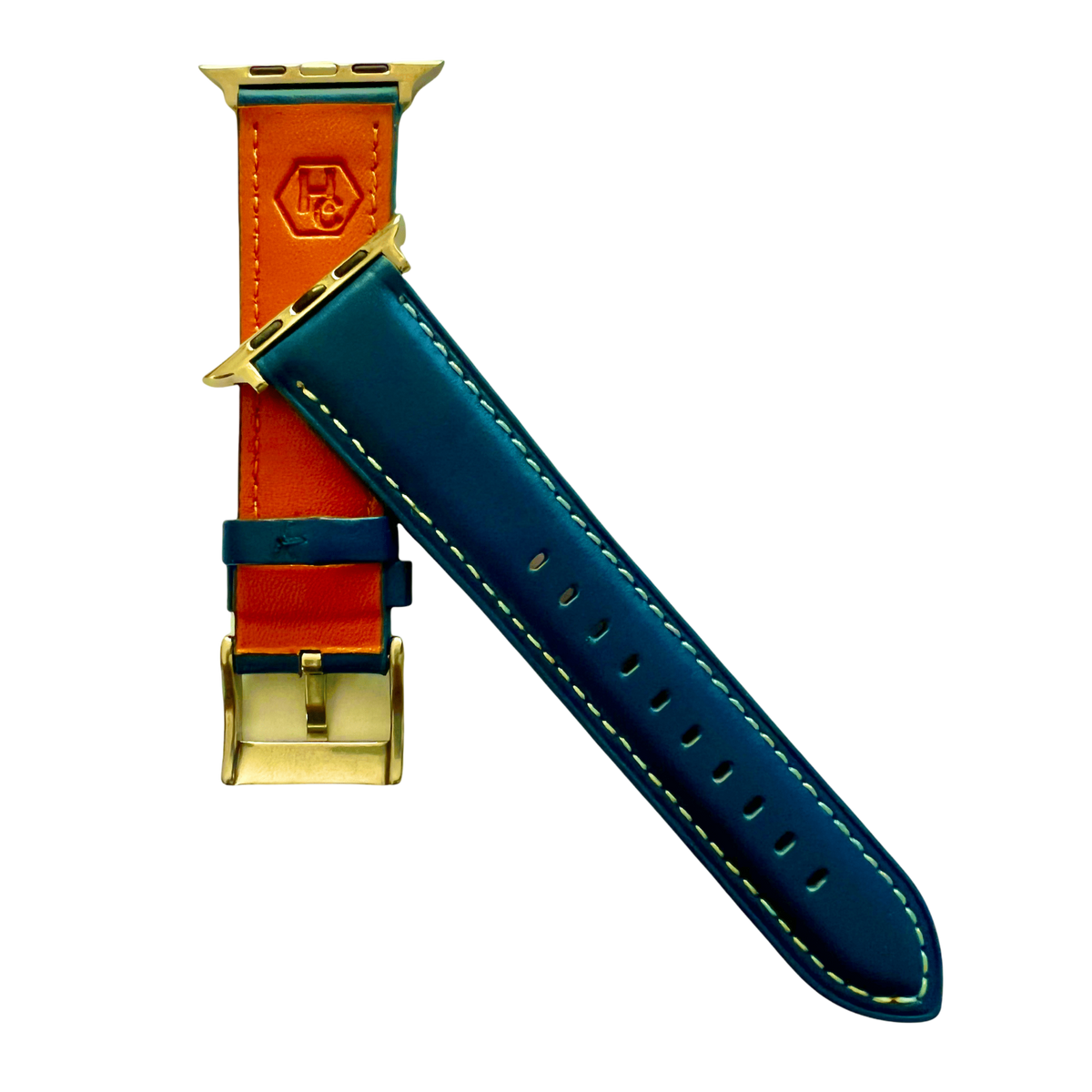 Blue padded leather Apple Watch band, side view with stainless steel lugs