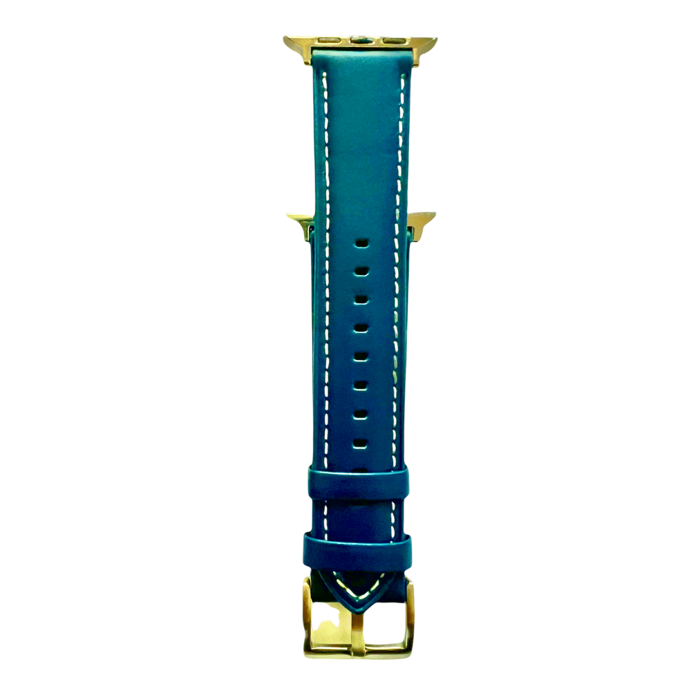 Blue padded leather Apple Watch band, connector and stitching detail
