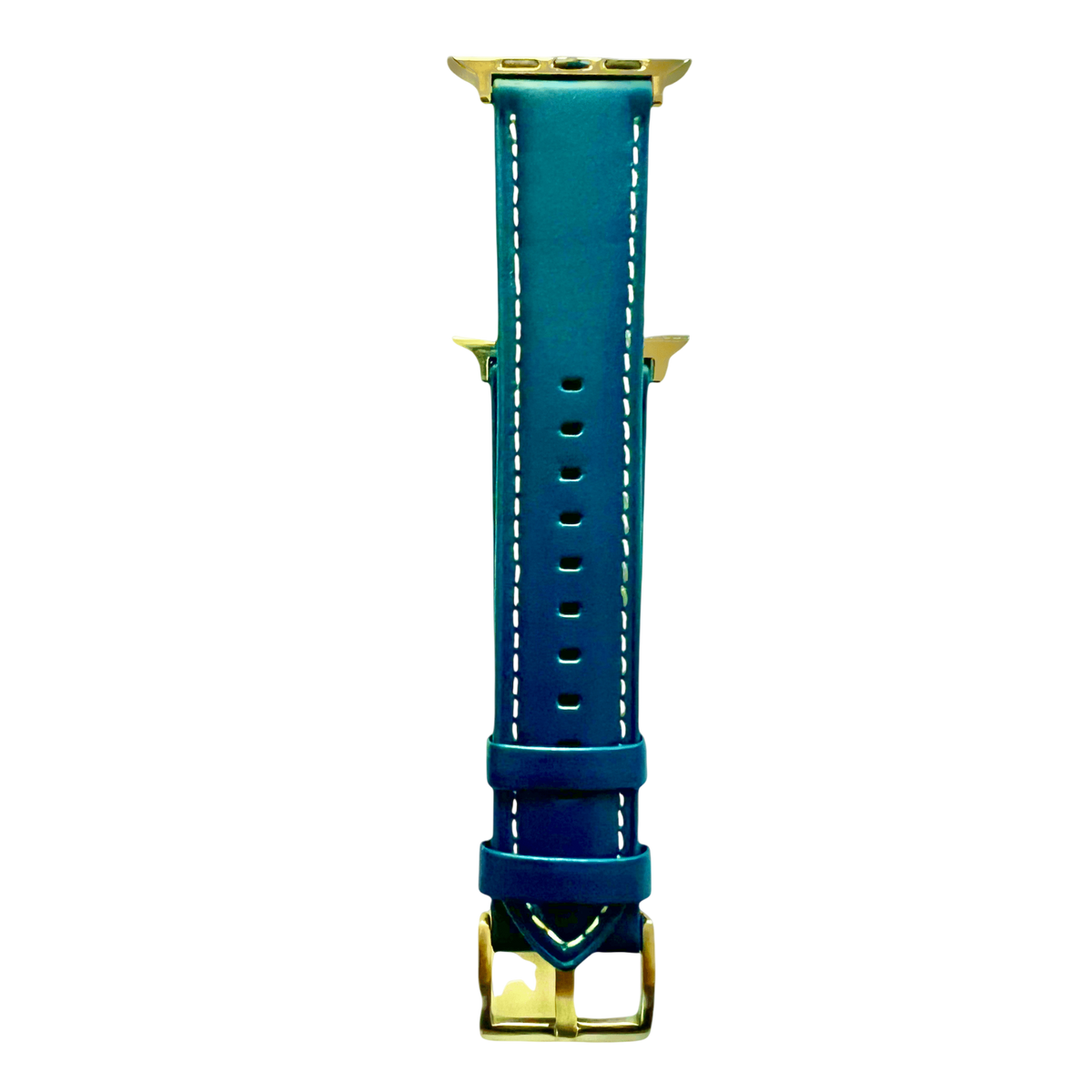 Blue padded leather Apple Watch band, connector and stitching detail