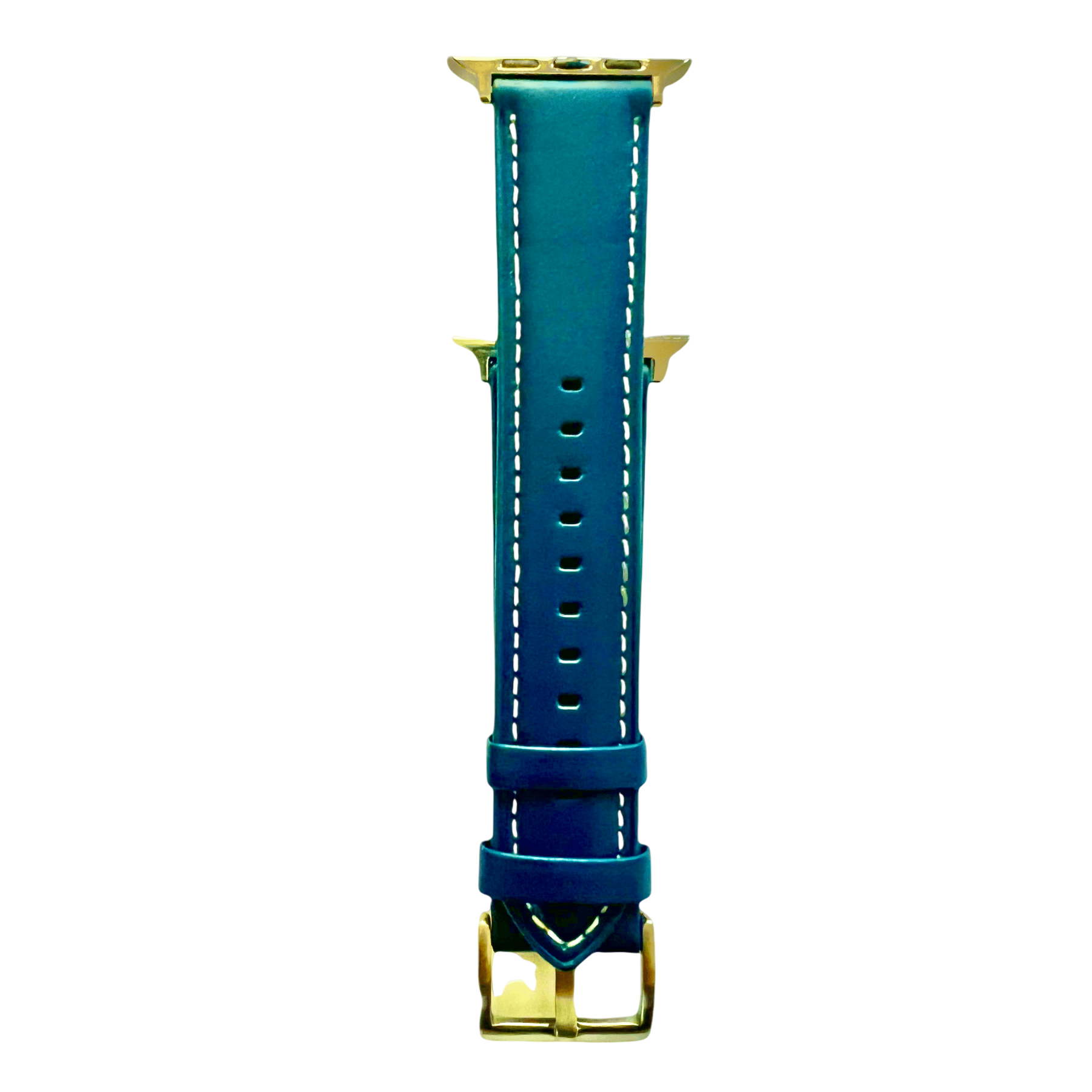 Blue padded leather Apple Watch band, connector and stitching detail