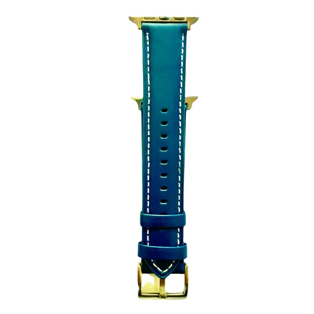 Blue padded leather Apple Watch band, connector and stitching detail