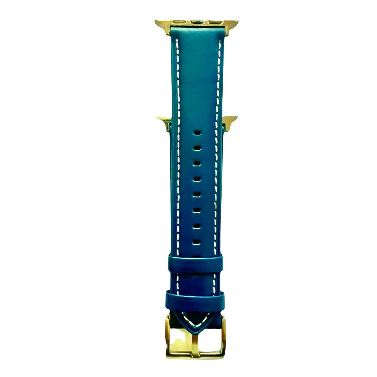 Blue padded leather Apple Watch band, connector and stitching detail