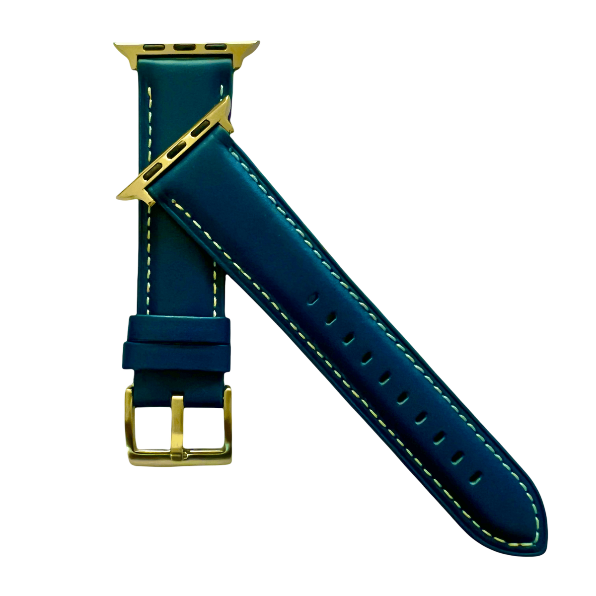 Blue padded leather Apple Watch band, texture and buckle detail close-up
