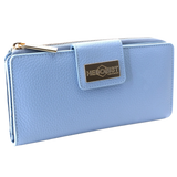 Blue pebbled leather travel wallet closed, front flap with gold-tone Hedonist Chicago plaque