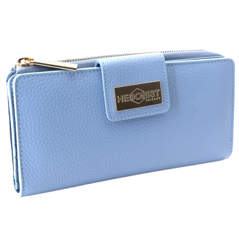 Blue pebbled leather travel wallet closed, front flap with gold-tone Hedonist Chicago plaque