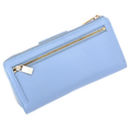 Rear coin zip compartment on the blue pebbled leather travel wallet