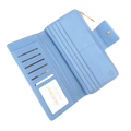Blue pebbled leather travel wallet open showing ID window and card slots