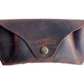Soft Leather Eye Glasses Case in Brown, closed, front view with embossed Hedonist logo and snap closure