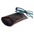Soft Leather Eye Glasses Case in Brown with tinted-lens eyeglasses resting on top