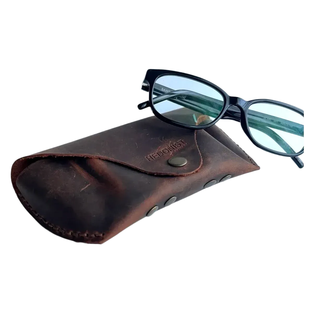 Soft Leather Eye Glasses Case in Brown with tinted-lens eyeglasses resting on top