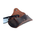 Soft Leather Eye Glasses Case in Brown, open, with black-framed eyeglasses beside it