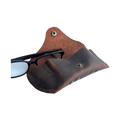 Soft Leather Eye Glasses Case in Brown, open, with black-framed eyeglasses beside it