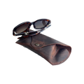 Soft Leather Eye Glasses Case in Brown with tortoiseshell sunglasses resting on top