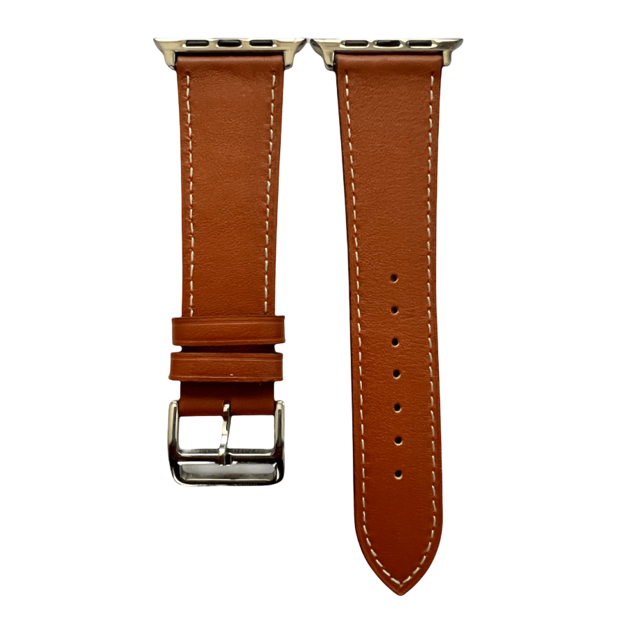 Brown leather Apple Watch band, two-piece strap with buckle and holes