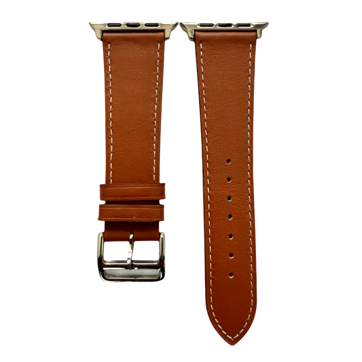 Brown leather Apple Watch band, two-piece strap with buckle and holes
