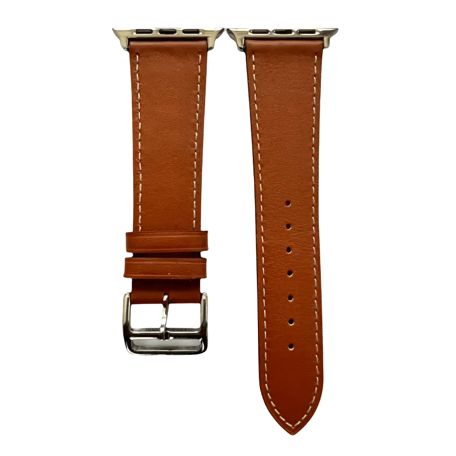 Brown leather Apple Watch band, two-piece strap with buckle and holes