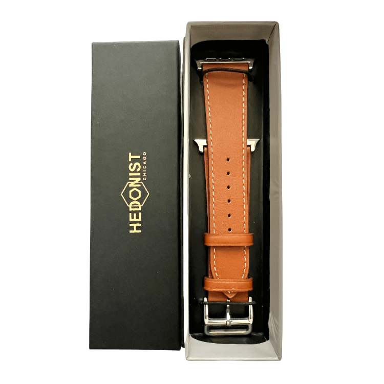 Brown leather Apple Watch band, packaging close-up