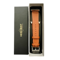 Brown leather Apple Watch band, packaging close-up