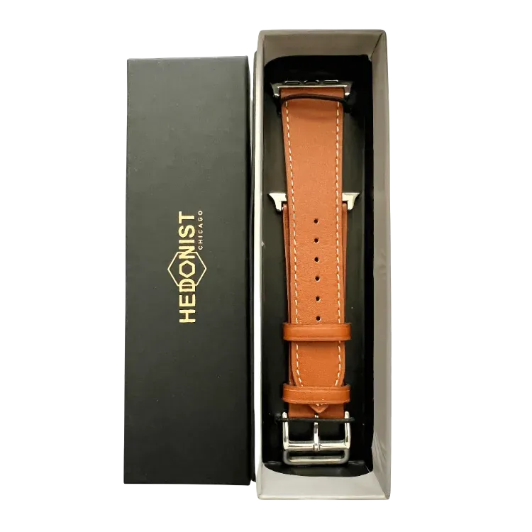 Brown leather Apple Watch band, packaging close-up
