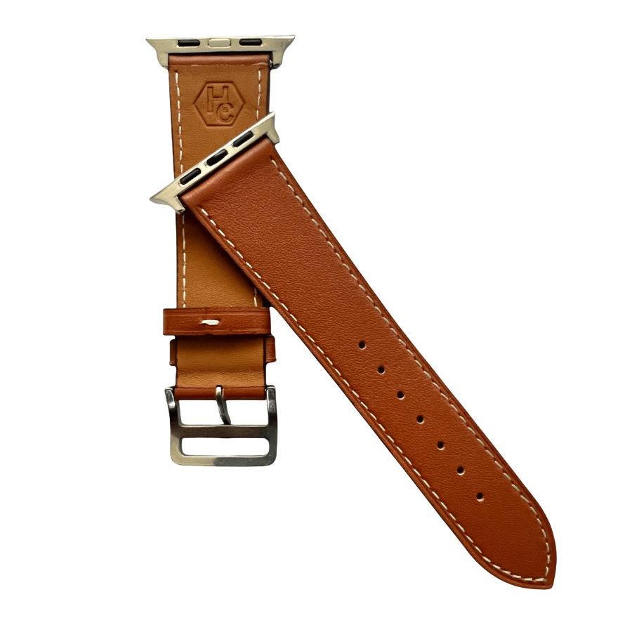 Brown leather Apple Watch band, side view with stainless steel lugs