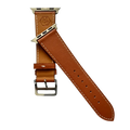 Brown leather Apple Watch band, side view with stainless steel lugs