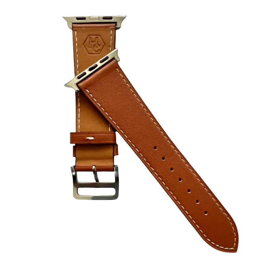 Brown leather Apple Watch band, side view with stainless steel lugs