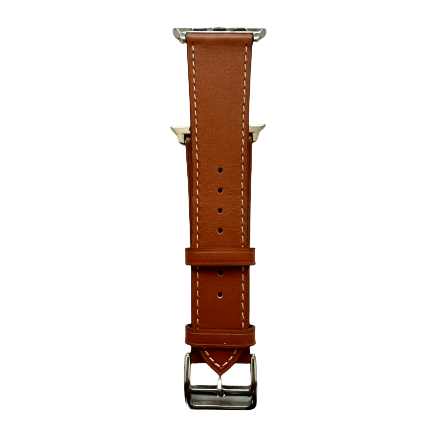 Brown leather Apple Watch band, connector and stitching detail