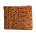 A brown crocodile-embossed leather bifold wallet with a stitched edge and a debossed monogram logo in the bottom right corner, shown against a plain white background.