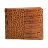 A brown crocodile-embossed leather bifold wallet with a stitched edge and a debossed monogram logo in the bottom right corner, shown against a plain white background.