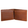 A brown leather bi-fold wallet shown open, displaying its interior card slots and the embossed brand name 'HEDONIST' on the lower right.