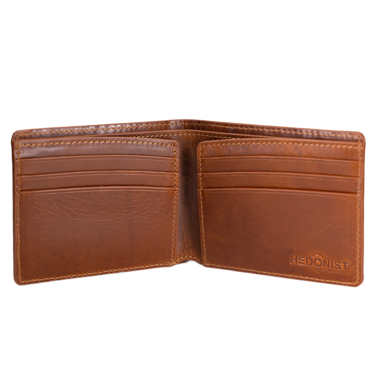 A brown leather bi-fold wallet shown open, displaying its interior card slots and the embossed brand name 'HEDONIST' on the lower right.