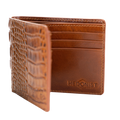 A brown leather bifold wallet with an embossed crocodile pattern on the front cover, shown open to reveal card slots and an embossed 'HEDONIST CHICAGO' logo on the inside back panel, set against a plain white background.