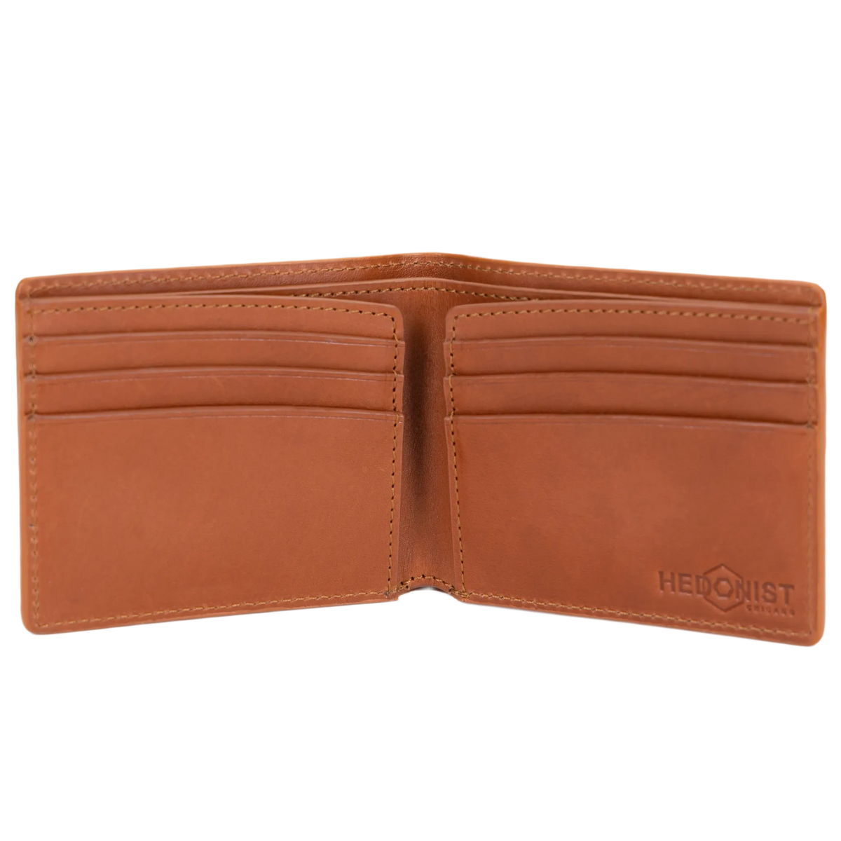 Brown croco leather bifold wallet open, showing multiple card slots close-up