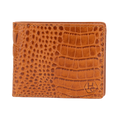 A brown bi-fold wallet with a crocodile-embossed texture, featuring a small embossed 'HC' logo in the bottom right corner, set against a plain white background.