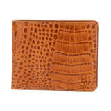 A brown bi-fold wallet with a crocodile-embossed texture, featuring a small embossed 'HC' logo in the bottom right corner, set against a plain white background.