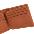 Close-up of the embossed brand logo on brown croco leather bifold wallet pocket flap