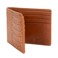 A brown croco leather bifold wallet shown open, displaying interior card slots and embossed brand name