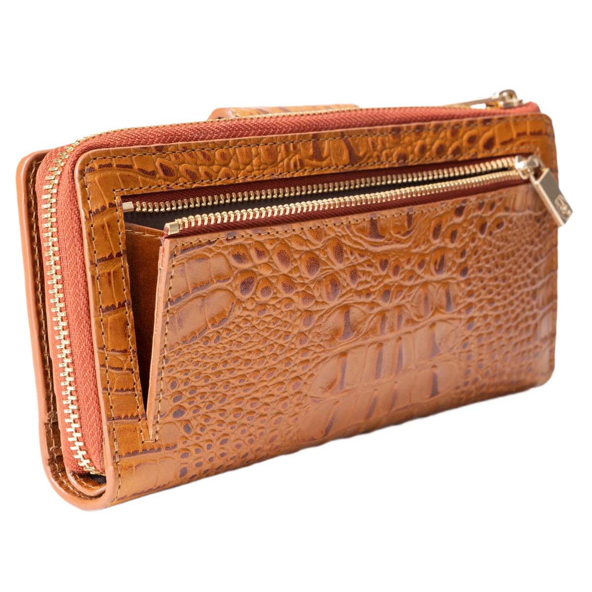 Rear coin zip compartment on the brown croco-embossed leather travel wallet