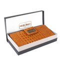 Brown croco-embossed leather travel wallet presented in Hedonist Chicago branded gift box