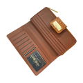 Brown croco-embossed leather travel wallet open showing ID window and card slots