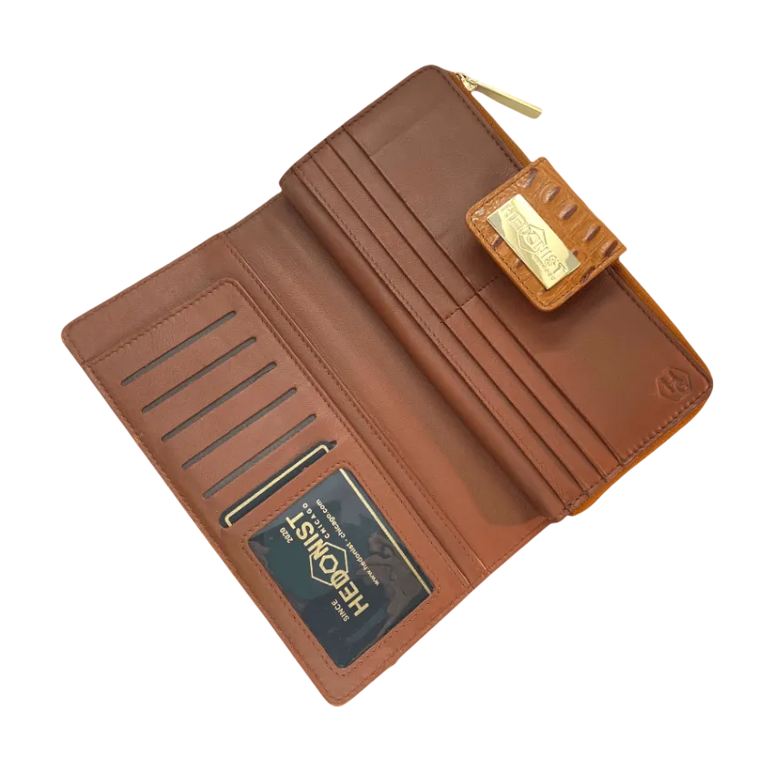 Brown croco-embossed leather travel wallet open showing ID window and card slots