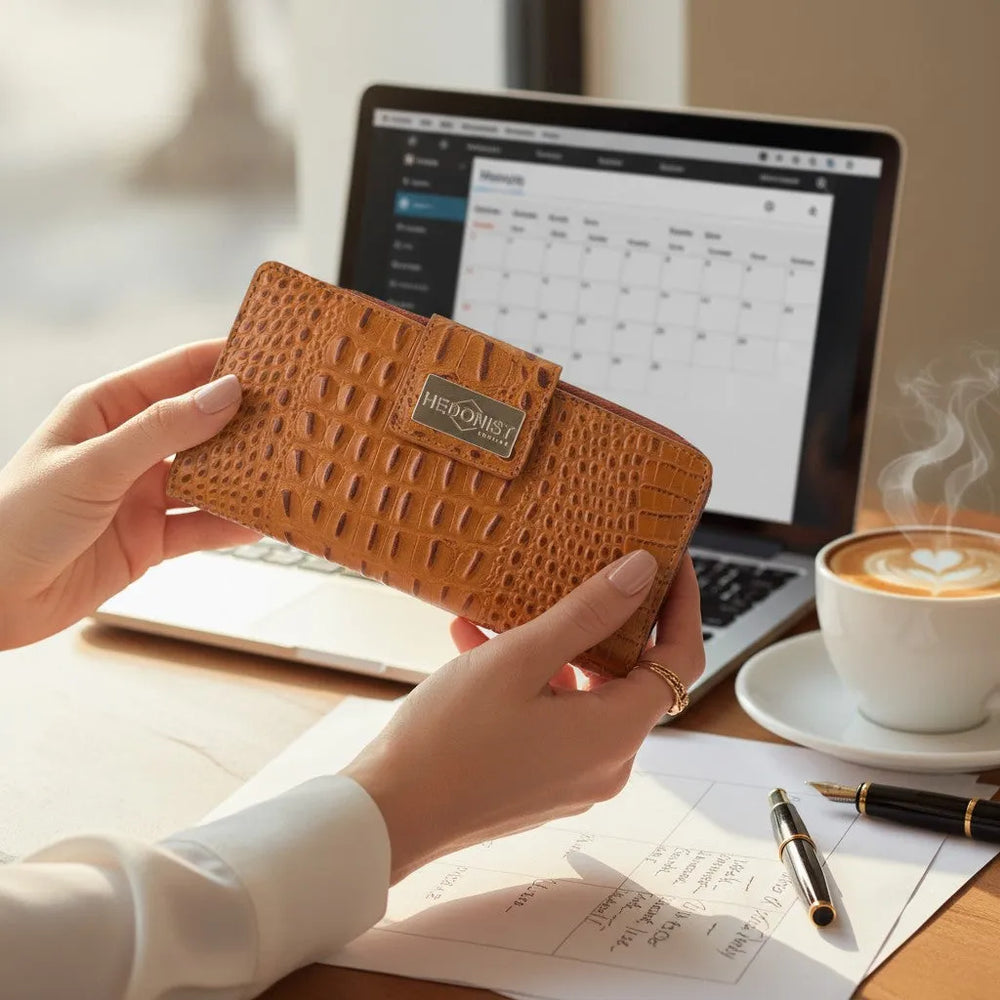 Woman holding the brown croco-embossed leather travel wallet with coffee and laptop in the background