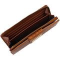 Brown croco-embossed leather travel wallet open showing zip-around perimeter and interior card slots