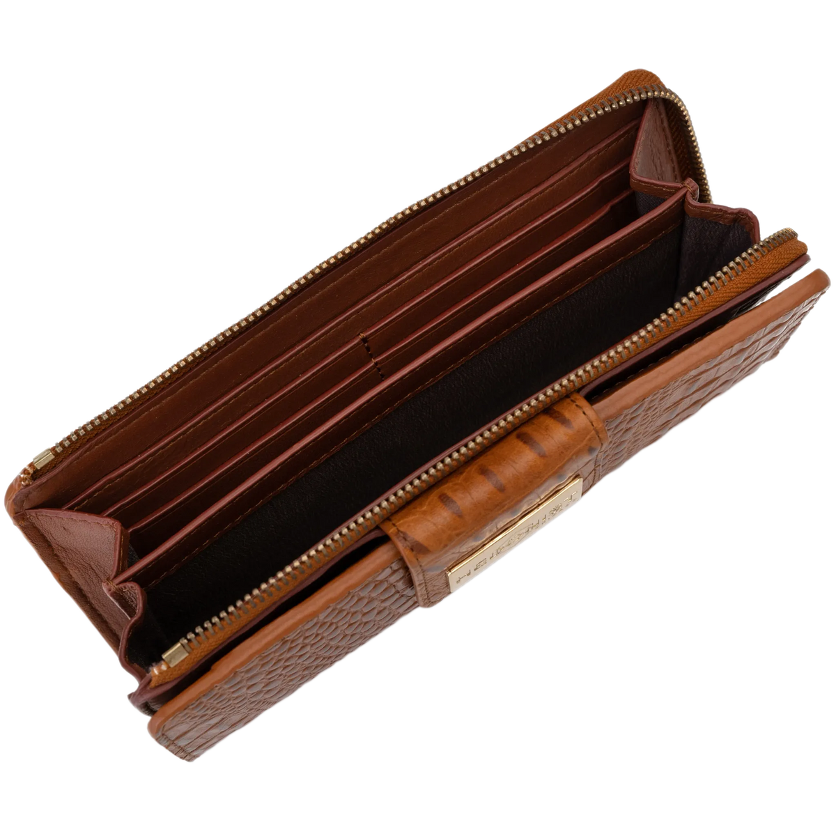 Brown croco-embossed leather travel wallet open showing zip-around perimeter and interior card slots