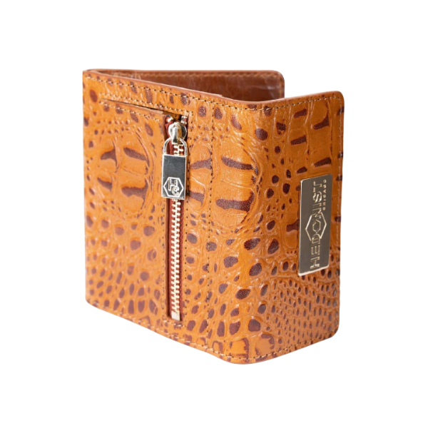 Small brown croco-embossed snap wallet for women, back view